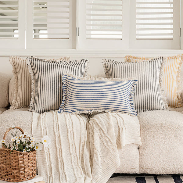 Striped Frayed Pillow Cover