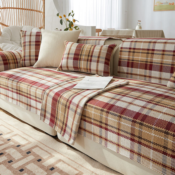 Cotton Linen Weaving Scottish Plaid Sofa Couch Cover
