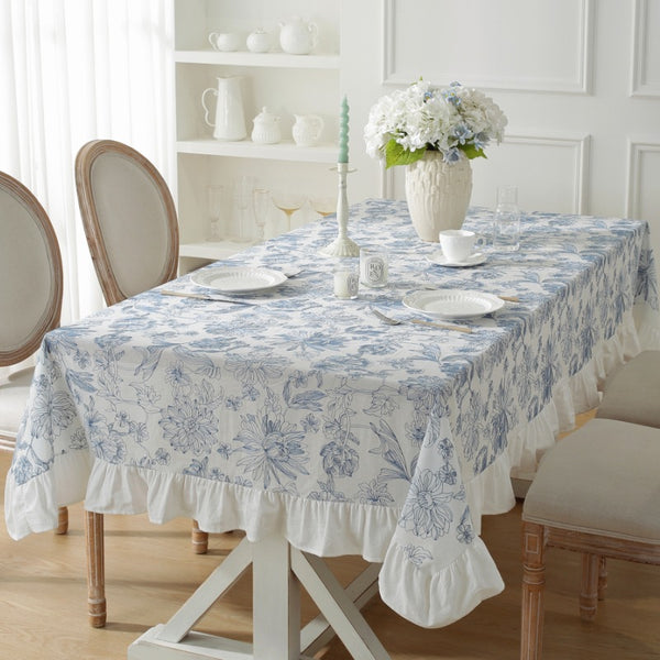 Blue Floral Embroidered Tablecloth