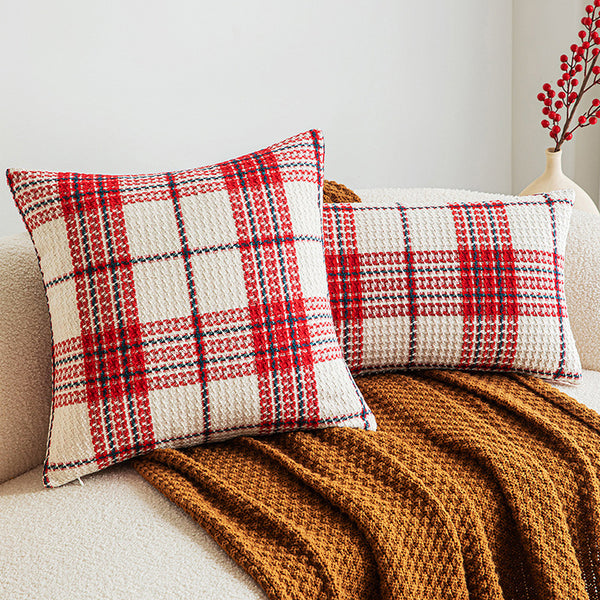 Red White Plaid Jacquard Sofa Cushion Pillow Cover